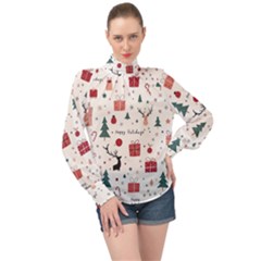 Happy Holiday Xmas Christmas Pattern High Neck Long Sleeve Chiffon Top by Paksenen