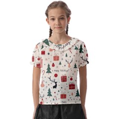 Happy Holiday Xmas Christmas Pattern Kids  Frill Chiffon Blouse