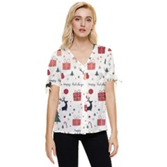 Happy Holiday Xmas Christmas Pattern Bow Sleeve Button Up Top