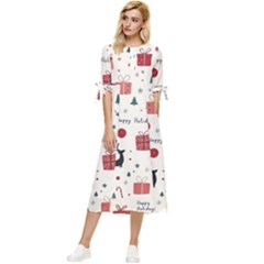 Happy Holiday Xmas Christmas Pattern Bow Sleeve Chiffon Midi Dress