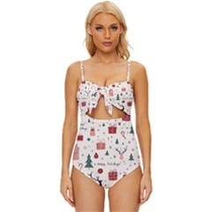 Happy Holiday Xmas Christmas Pattern Knot Front One-piece Swimsuit by Paksenen