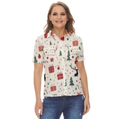 Happy Holiday Xmas Christmas Pattern Women s Short Sleeve Double Pocket Shirt