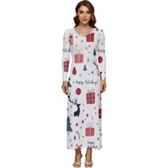 Happy Holiday Xmas Christmas Pattern Long Sleeve Longline Maxi Dress by Paksenen