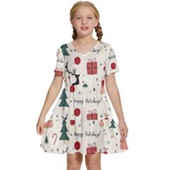 Happy Holiday Xmas Christmas Pattern Kids  Short Sleeve Tiered Mini Dress by Paksenen