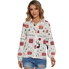 Happy Holiday Xmas Christmas Pattern Women s Long Sleeve Button Up Shirt