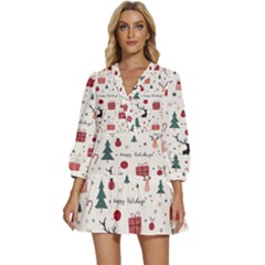 Happy Holiday Xmas Christmas Pattern V-neck Placket Mini Dress