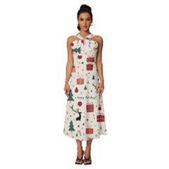 Happy Holiday Xmas Christmas Pattern Sleeveless Cross Front Cocktail Midi Chiffon Dress by Paksenen