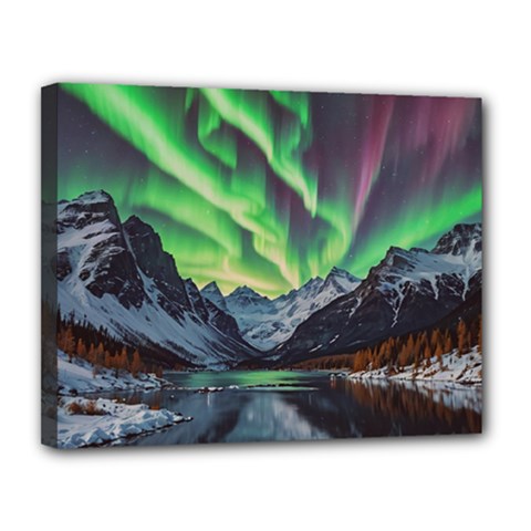 Lake Mountains Aorora Northern Lights Snow Canvas 14  X 11  (stretched) by Paksenen