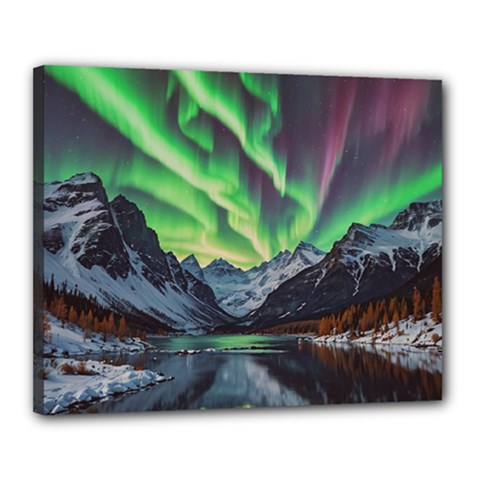 Lake Mountains Aorora Northern Lights Snow Canvas 20  X 16  (stretched) by Paksenen