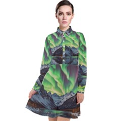 Lake Mountains Aorora Northern Lights Snow Long Sleeve Chiffon Shirt Dress