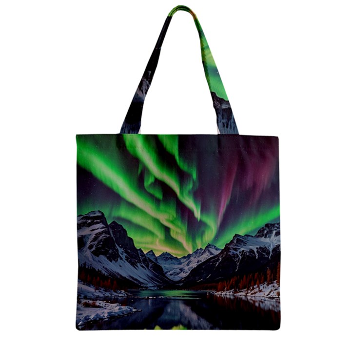 Lake Mountains Aorora Northern Lights Snow Zipper Grocery Tote Bag