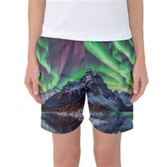 Lake Mountains Aorora Northern Lights Snow Women s Basketball Shorts by Paksenen