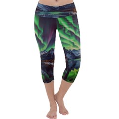 Lake Mountains Aorora Northern Lights Snow Capri Yoga Leggings by Paksenen