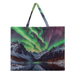 Lake Mountains Aorora Northern Lights Snow Zipper Large Tote Bag