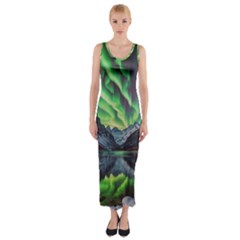 Lake Mountains Aorora Northern Lights Snow Fitted Maxi Dress