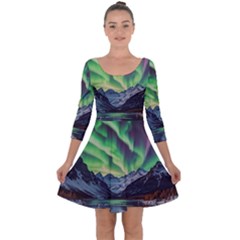 Lake Mountains Aorora Northern Lights Snow Quarter Sleeve Skater Dress