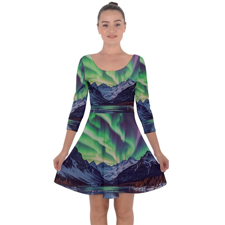 Lake Mountains Aorora Northern Lights Snow Quarter Sleeve Skater Dress