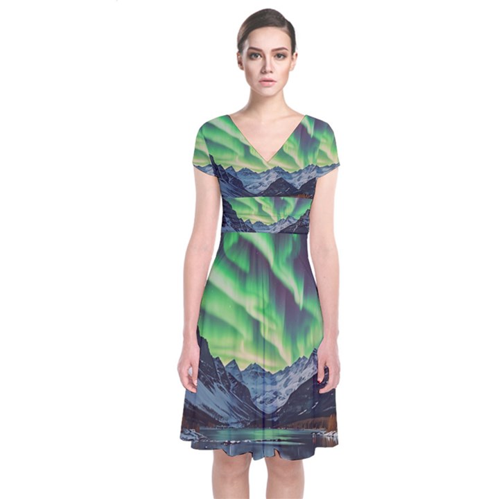 Lake Mountains Aorora Northern Lights Snow Short Sleeve Front Wrap Dress