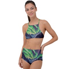 Lake Mountains Aorora Northern Lights Snow Halter Tankini Set