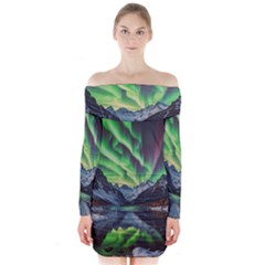 Lake Mountains Aorora Northern Lights Snow Long Sleeve Off Shoulder Dress by Paksenen