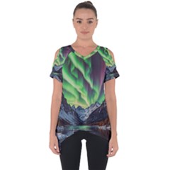 Lake Mountains Aorora Northern Lights Snow Cut Out Side Drop T-shirt