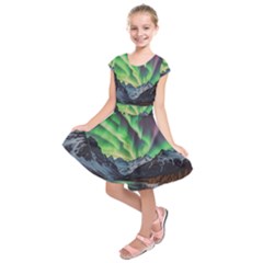 Lake Mountains Aorora Northern Lights Snow Kids  Short Sleeve Dress