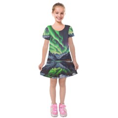 Lake Mountains Aorora Northern Lights Snow Kids  Short Sleeve Velvet Dress by Paksenen