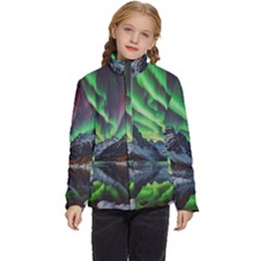 Lake Mountains Aorora Northern Lights Snow Kids  Puffer Bubble Jacket Coat by Paksenen