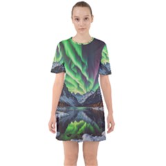 Lake Mountains Aorora Northern Lights Snow Sixties Short Sleeve Mini Dress