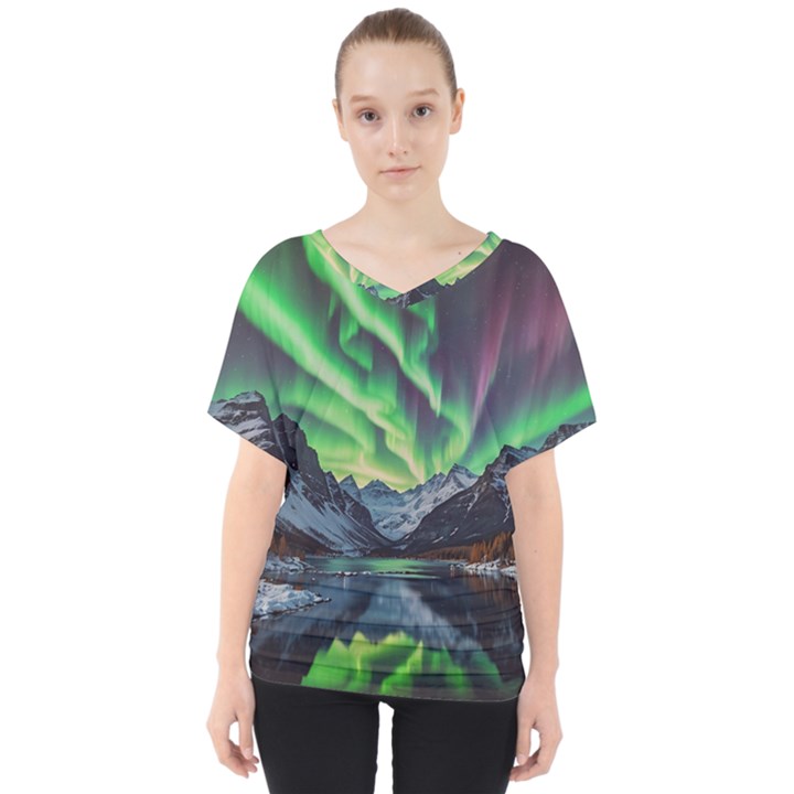 Lake Mountains Aorora Northern Lights Snow V-Neck Dolman Drape Top