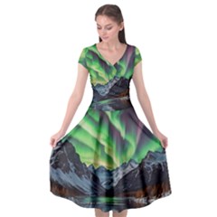 Lake Mountains Aorora Northern Lights Snow Cap Sleeve Wrap Front Dress