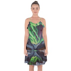 Lake Mountains Aorora Northern Lights Snow Ruffle Detail Chiffon Dress