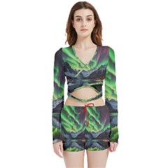 Lake Mountains Aorora Northern Lights Snow Velvet Wrap Crop Top And Shorts Set