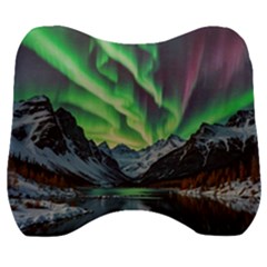 Lake Mountains Aorora Northern Lights Snow Velour Head Support Cushion by Paksenen