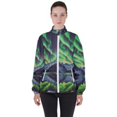 Lake Mountains Aorora Northern Lights Snow Women s High Neck Windbreaker by Paksenen