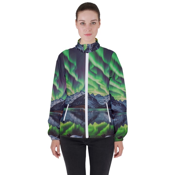 Lake Mountains Aorora Northern Lights Snow Women s High Neck Windbreaker