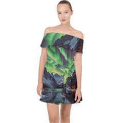 Lake Mountains Aorora Northern Lights Snow Off Shoulder Chiffon Dress