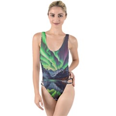 Lake Mountains Aorora Northern Lights Snow High Leg Strappy Swimsuit