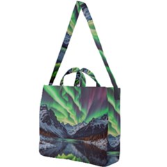 Lake Mountains Aorora Northern Lights Snow Square Shoulder Tote Bag by Paksenen