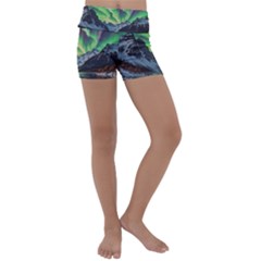 Lake Mountains Aorora Northern Lights Snow Kids  Lightweight Velour Yoga Shorts