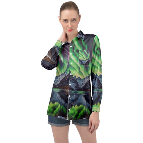 Lake Mountains Aorora Northern Lights Snow Long Sleeve Satin Shirt by Paksenen