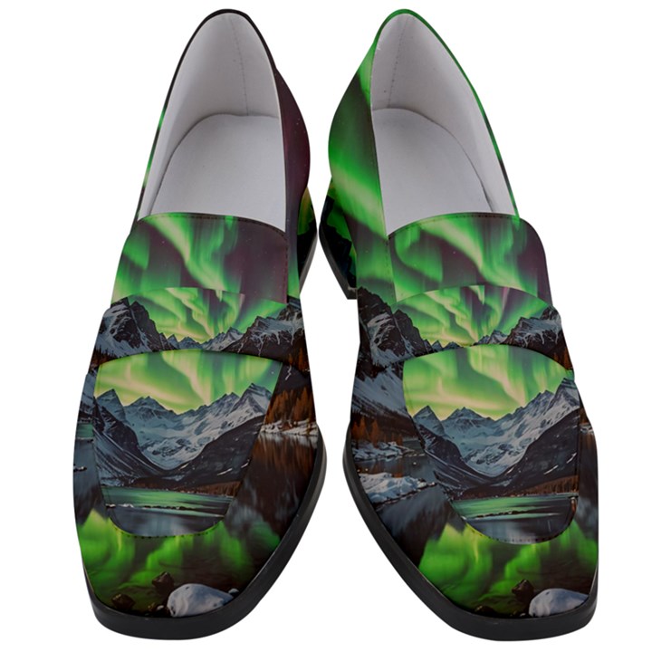 Lake Mountains Aorora Northern Lights Snow Women s Chunky Heel Loafers