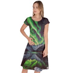 Lake Mountains Aorora Northern Lights Snow Classic Short Sleeve Dress