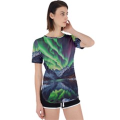 Lake Mountains Aorora Northern Lights Snow Perpetual Short Sleeve T-shirt by Paksenen