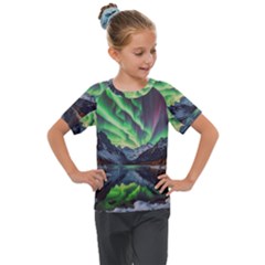 Lake Mountains Aorora Northern Lights Snow Kids  Mesh Piece T-shirt