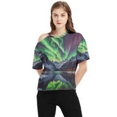 Lake Mountains Aorora Northern Lights Snow One Shoulder Cut Out T-shirt by Paksenen