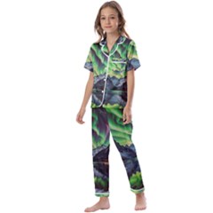 Lake Mountains Aorora Northern Lights Snow Kids  Satin Short Sleeve Pajamas Set