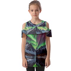 Lake Mountains Aorora Northern Lights Snow Fold Over Open Sleeve Top