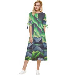 Lake Mountains Aorora Northern Lights Snow Bow Sleeve Chiffon Midi Dress by Paksenen