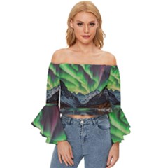 Lake Mountains Aorora Northern Lights Snow Off Shoulder Flutter Bell Sleeve Top